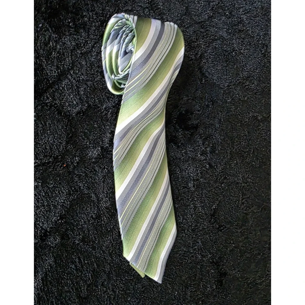 Geoffrey Beene Striped 100% Silk Tie Handmade Green Gray White Mens Formal‎ Wear